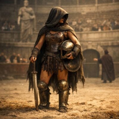 Hooded female gladiator in bronze armor holds a sword and helmet in a dusty arena
