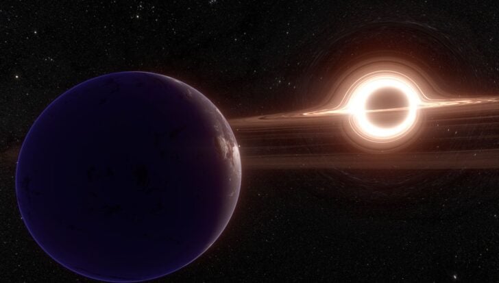 A dark planet in space with a glowing black hole nearby, surrounded by a bright accretion disk against a starry backdrop