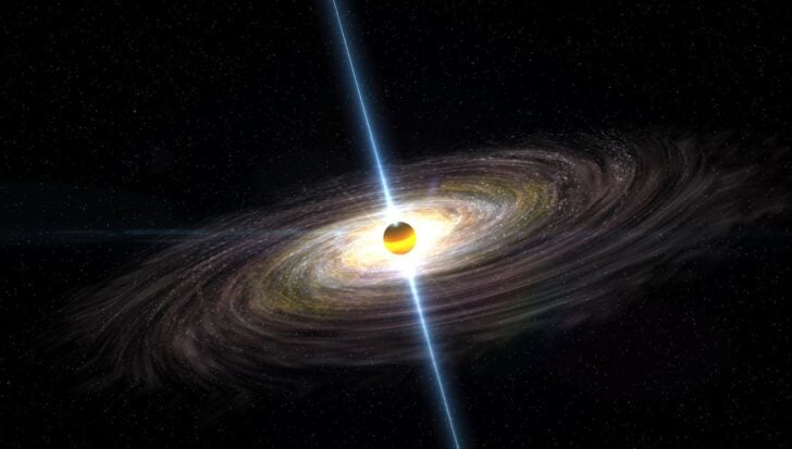 Illustration of a black hole with an accretion disk and bright jets of energy in space