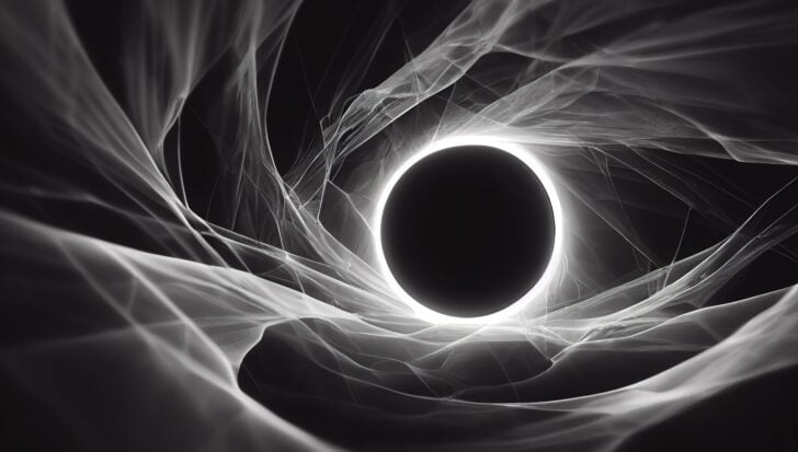 Abstract representation of a black hole surrounded by swirling light patterns