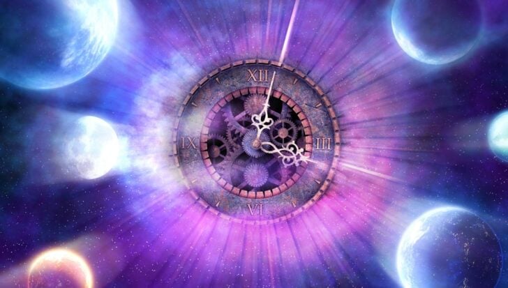 A cosmic scene with a large clock face surrounded by planets and cosmic clouds