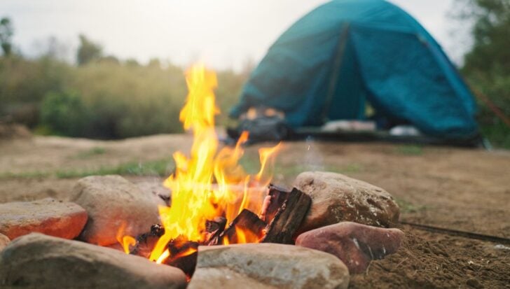 A campfire burning brightly with a blue tent in the background surrounded by nature
