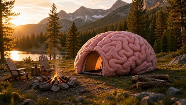 A tent shaped like a brain set up in a scenic campsite with mountains, trees, and a lake in the background