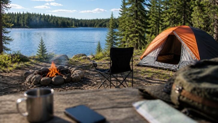Tent and campfire by a lake with a forest background, featuring a table with a mug and smartphone