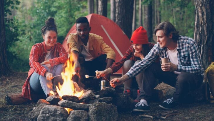 Group of friends sitting around a campfire in the woods, roasting marshmallows