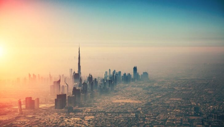 Aerial view of Dubai skyline featuring the Burj Khalifa towering over other skyscrapers