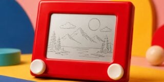 Etch A Sketch with a mountain landscape drawing, featuring trees, clouds, and a sun, set against a colorful background
