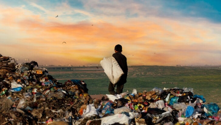 Person holding a large sack stands amidst piles of trash at sunset