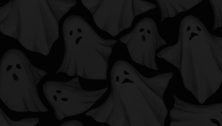 Cartoon ghosts with varying facial expressions in a pattern