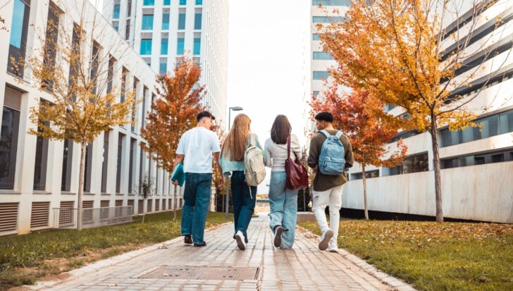 Four students with backpacks walk along a tree-lined pathway between modern buildings