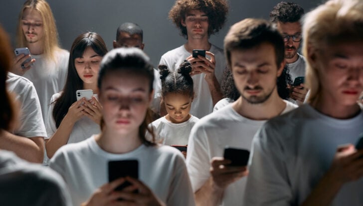 Group of people standing closely together, all focused on their smartphones, reflecting the concept of spending time on the internet